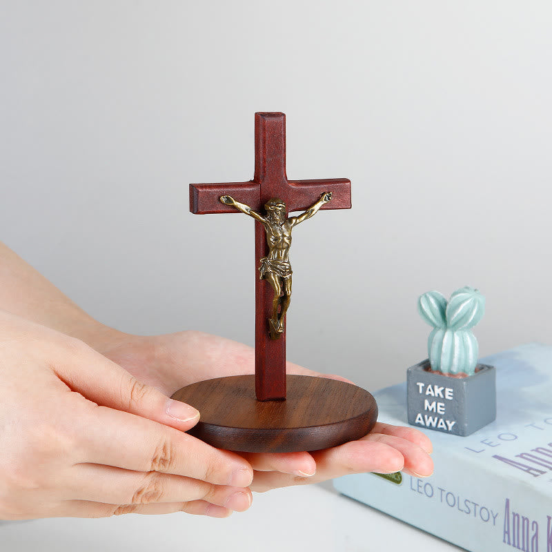 Christianartworkshop Bronze&Silver Wooden Jesus Crucifx Desktop Ornament