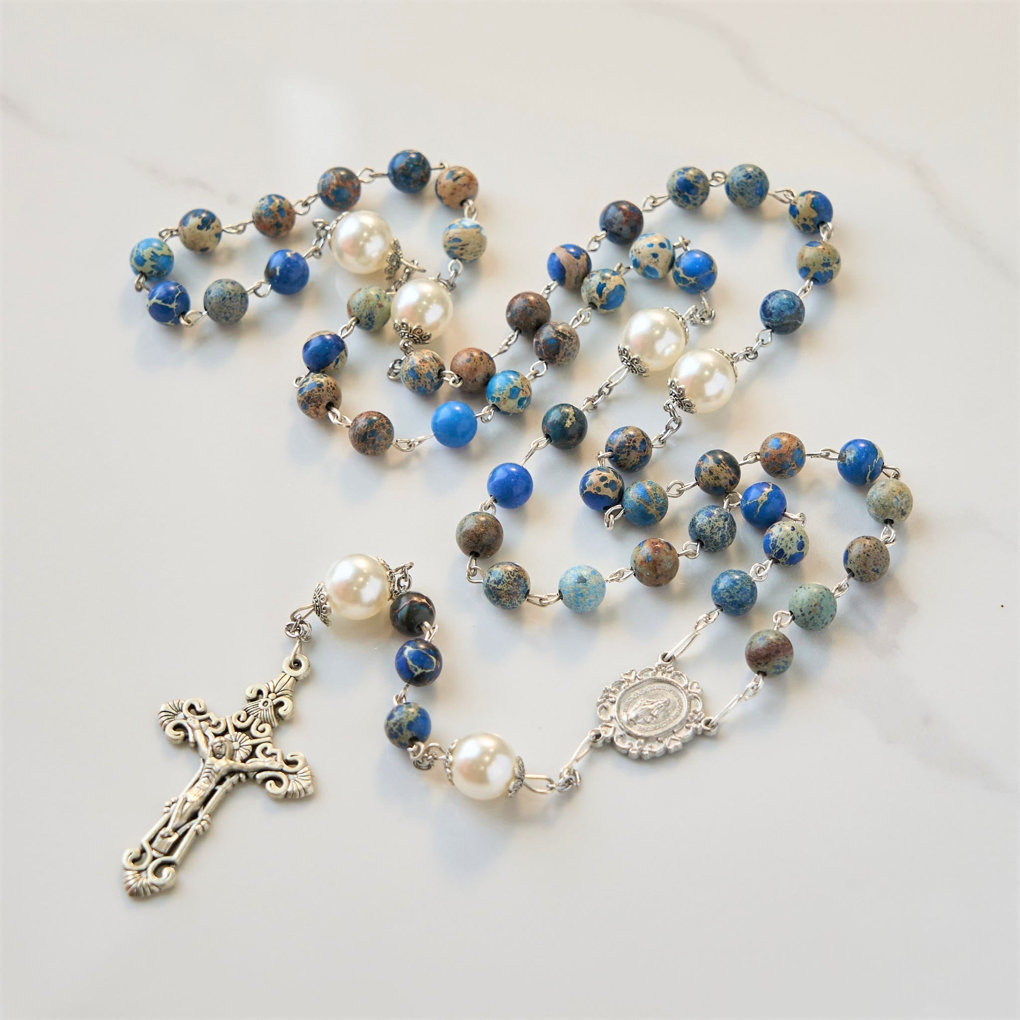christiandiscipleshop Miraculous Medal & Crucifix of 8mm Deep Blue Imperial Stone Handmade Rosary for Daily Pray