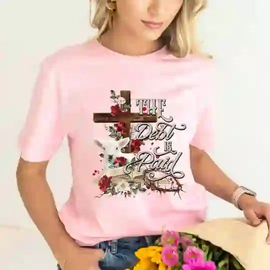 christiandiscipleshop The Debt Is Paid Floral Cross Easter T-Shirt