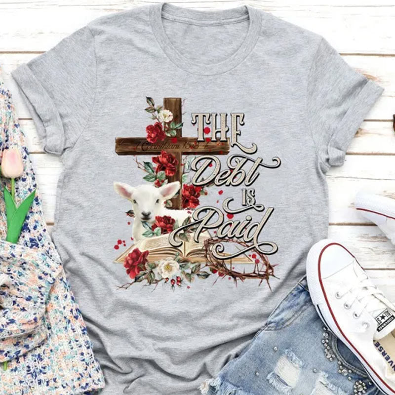 christiandiscipleshop The Debt Is Paid Floral Cross Easter T-Shirt