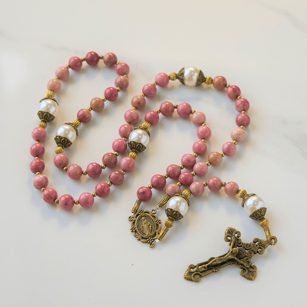 christiandiscipleshop Miraculous Medal & Crucifix of 8mm Natural Red Wood Vein Stone Handmade Rosary Beads