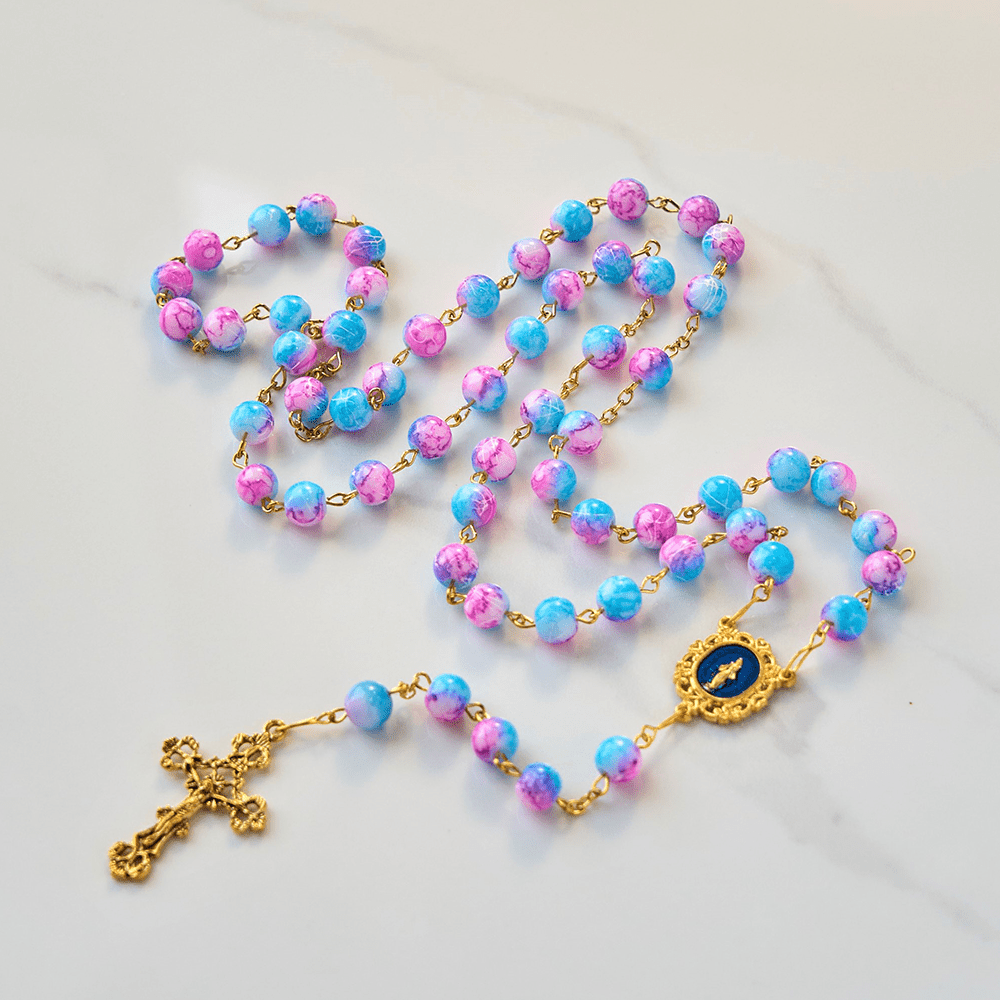 Christiandiscipleshop Divine Harmony Handmade Floral Rosary: Miraculous Medal & Crucifix of 8mm Blue&Purple