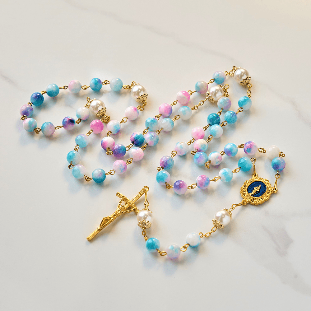 Christianartworkshop Celestial Grace Floral Handmade Rosary Miraculous Medal & Crucifix of 8mm Blue&Purple: Find Peace and Divine Connection