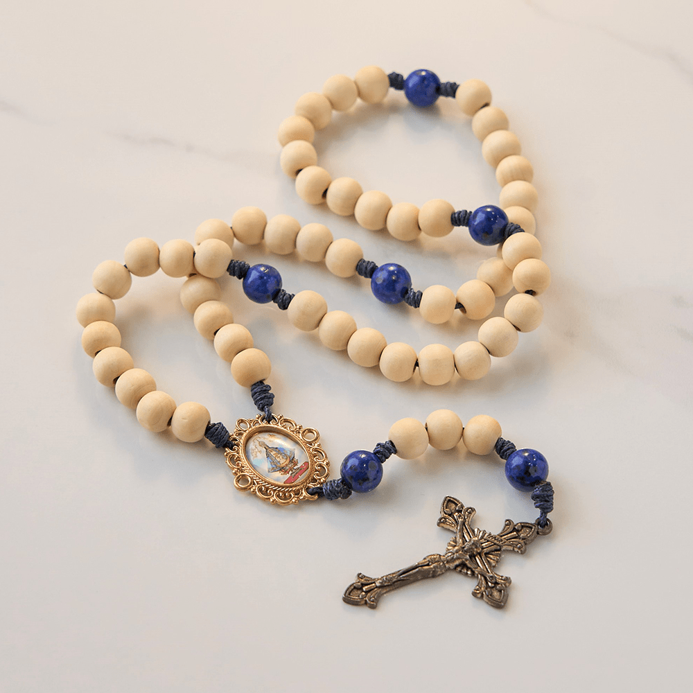 Christiandiscipleshop Our Lady & Crucifix of 10mm Handmade Wooden Beads Lapis Lazuli Our Father Beads Rosary