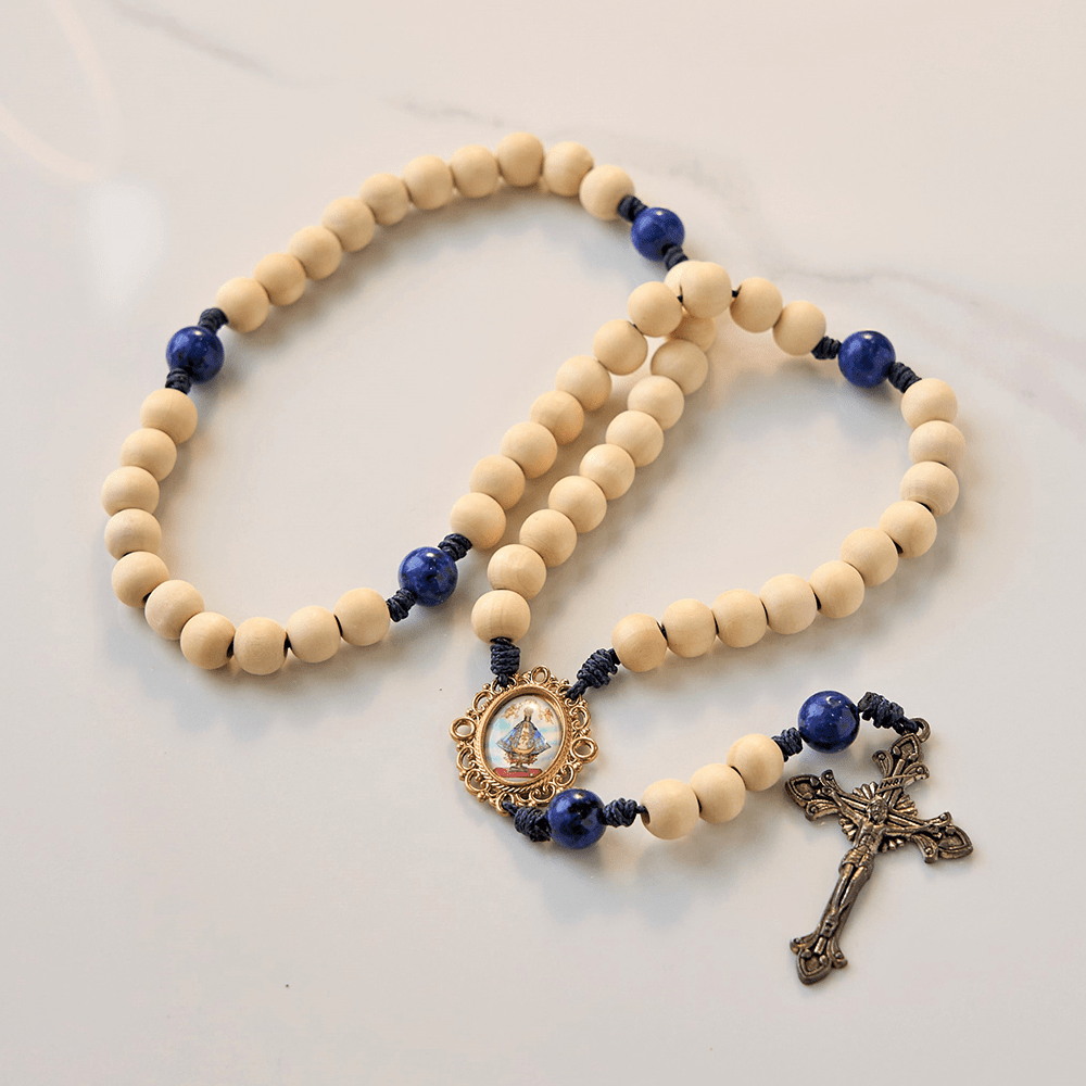 Christiandiscipleshop Our Lady & Crucifix of 10mm Handmade Wooden Beads Lapis Lazuli Our Father Beads Rosary