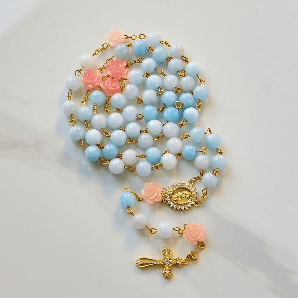 Christiandiscipleshop Our Lady of Guadalupe & Crucifix of 8mm Handmade Blue Aquamarine Chalcedony Beads Rosary
