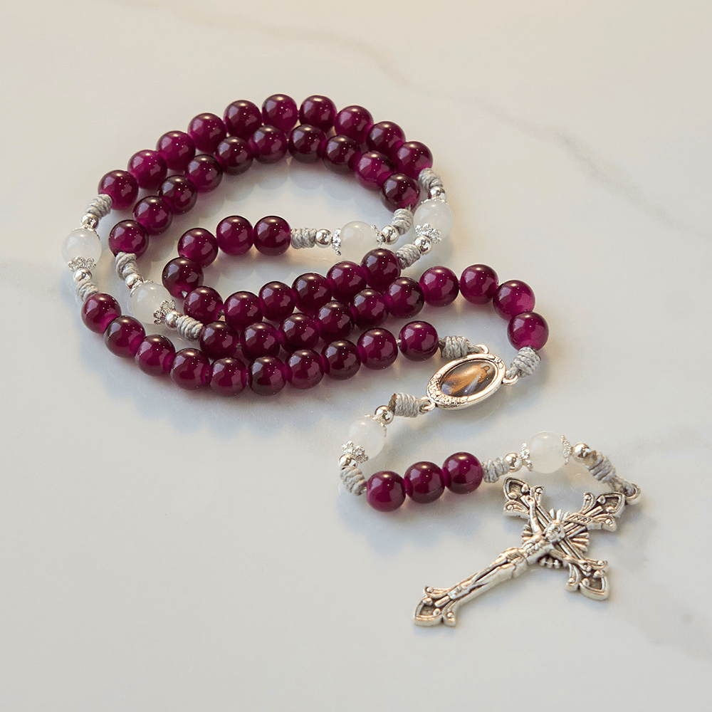 Christiandiscipleshop Divine Mercy & Crucifix of 8mm Garnet Chalcedony Rosary - Handmade Divine Beads