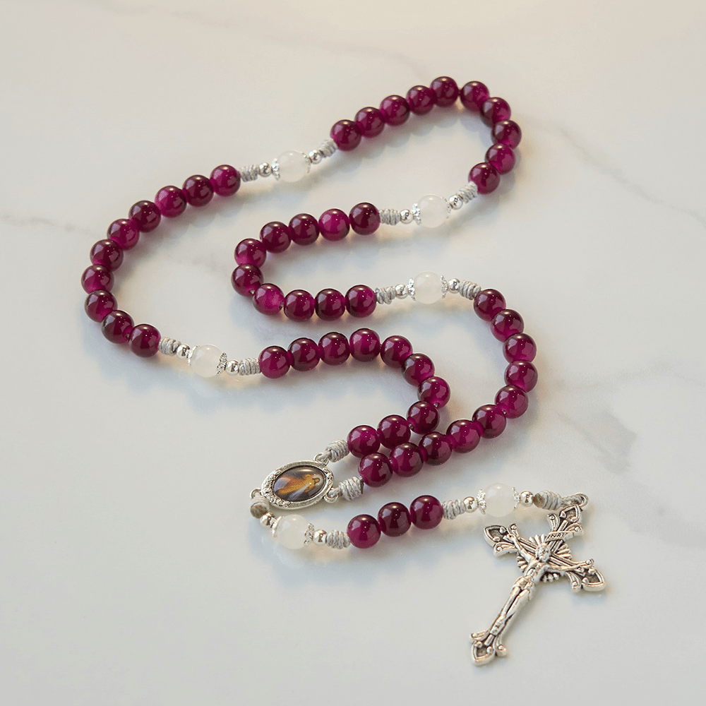 Christiandiscipleshop Divine Mercy & Crucifix of 8mm Garnet Chalcedony Rosary - Handmade Divine Beads
