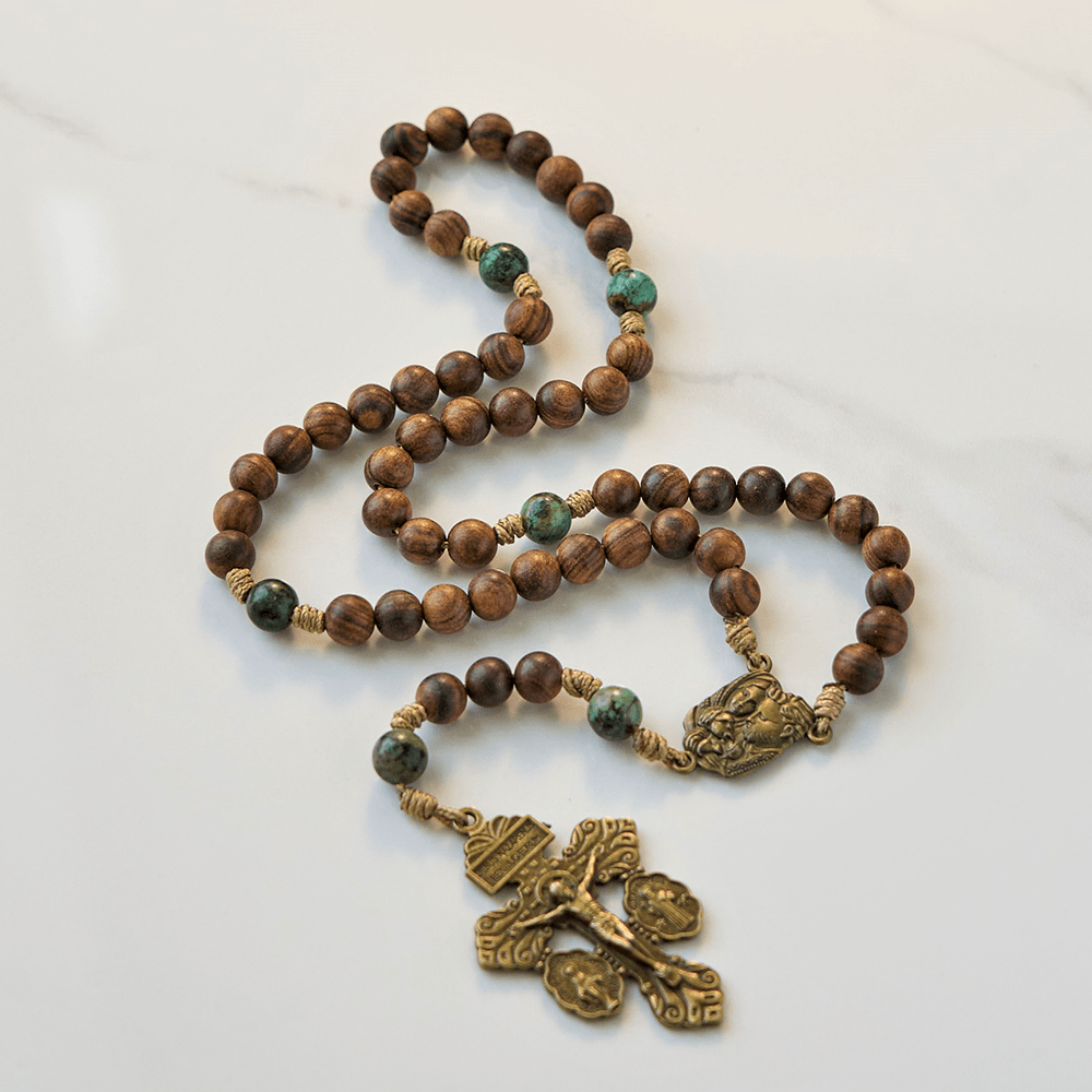 christiandiscipleshop Holy Family & Crucifix of 8mm Handmade Pine Wood & African Turquoise Rosary
