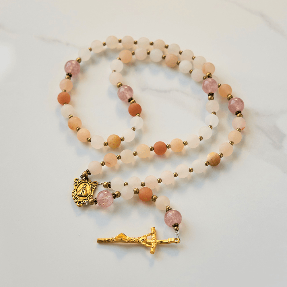 Christiandiscipleshop Our Lady & Crucifix of 8mm Handmade Pink Aventurine & Strawberry Quartz Rosary