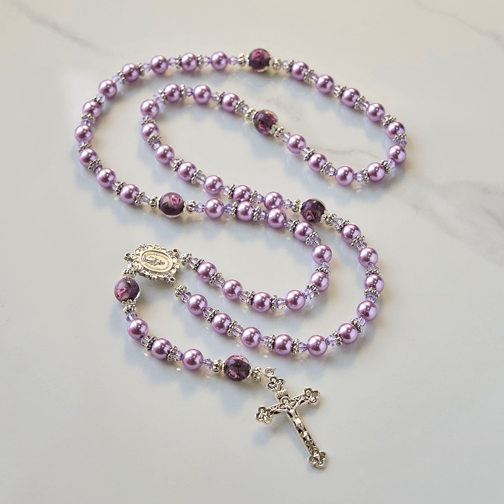 christiandiscipleshop Miraculous Medal & Crucifix 8mm Purple Pearl & Crystal Handmade Rosary - Sacred Beads for Holy Prayer