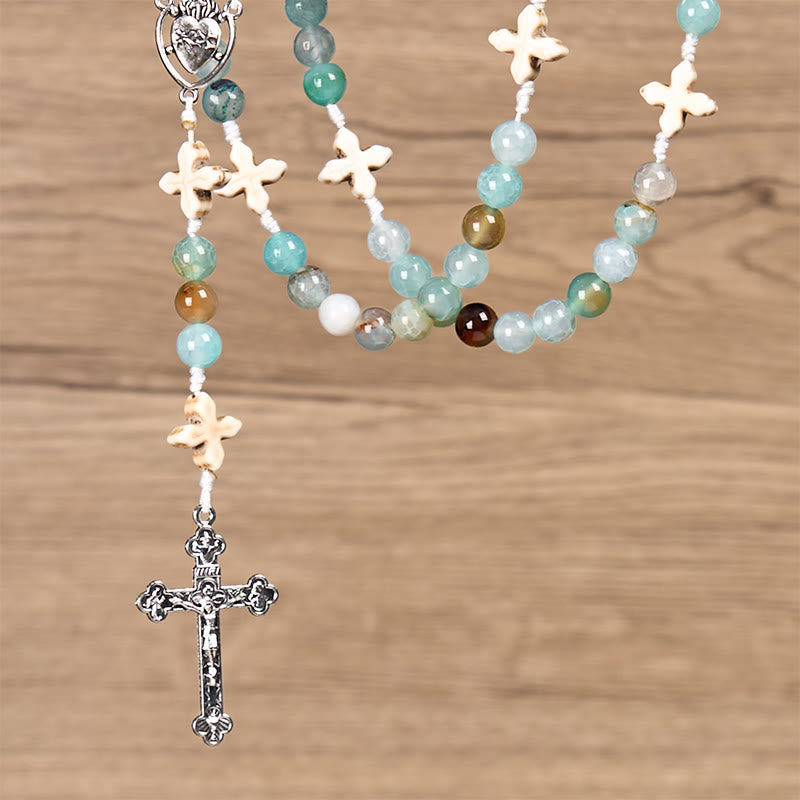 Christiandiscipleshop Serenity in Prayer Rosary: Handmade Peace and Devotion with 8mm Sky-blue Pattern Agate Beads