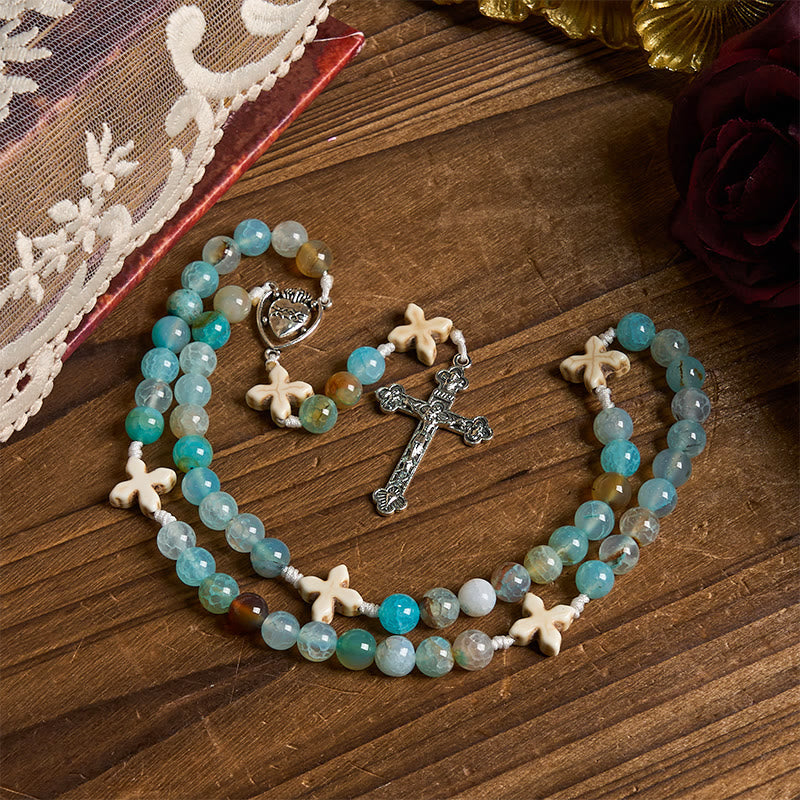 Christiandiscipleshop Serenity in Prayer Rosary: Handmade Peace and Devotion with 8mm Sky-blue Pattern Agate Beads