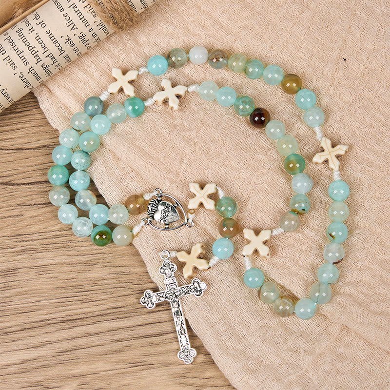 Christiandiscipleshop Serenity in Prayer Rosary: Handmade Peace and Devotion with 8mm Sky-blue Pattern Agate Beads