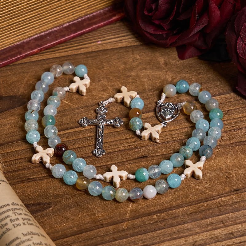 Christiandiscipleshop Serenity in Prayer Rosary: Handmade Peace and Devotion with 8mm Sky-blue Pattern Agate Beads