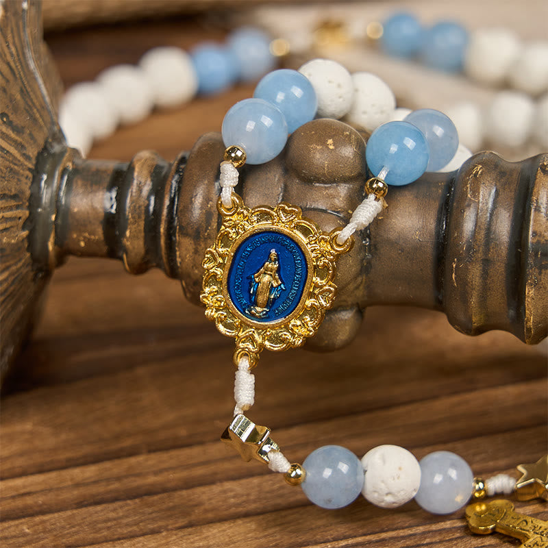 christiandiscipleshop Starry Divine Handmade Rosary: Blue Agate Beads and Celestial Golden Accents