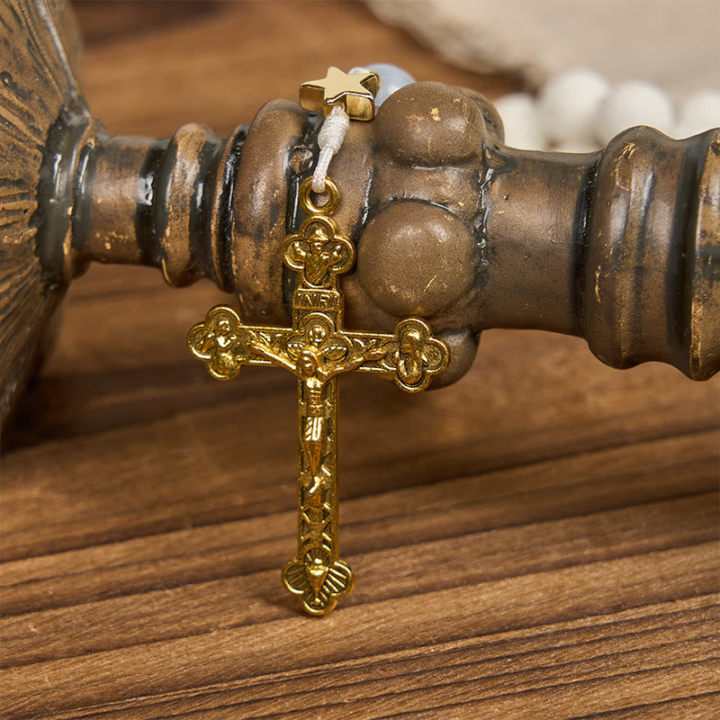 christiandiscipleshop Starry Divine Handmade Rosary: Blue Agate Beads and Celestial Golden Accents