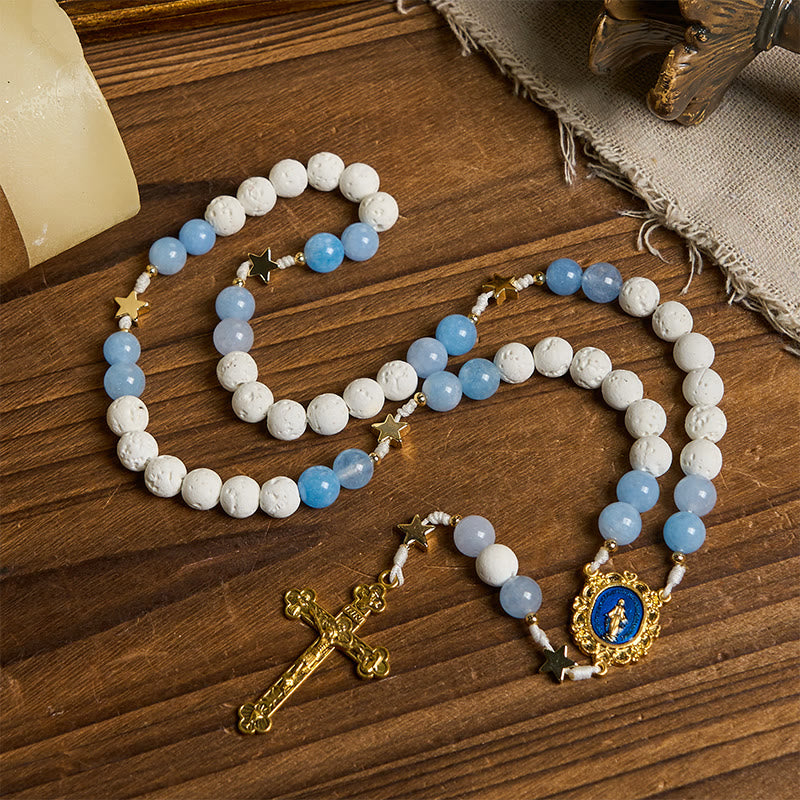 christiandiscipleshop Starry Divine Handmade Rosary: Blue Agate Beads and Celestial Golden Accents