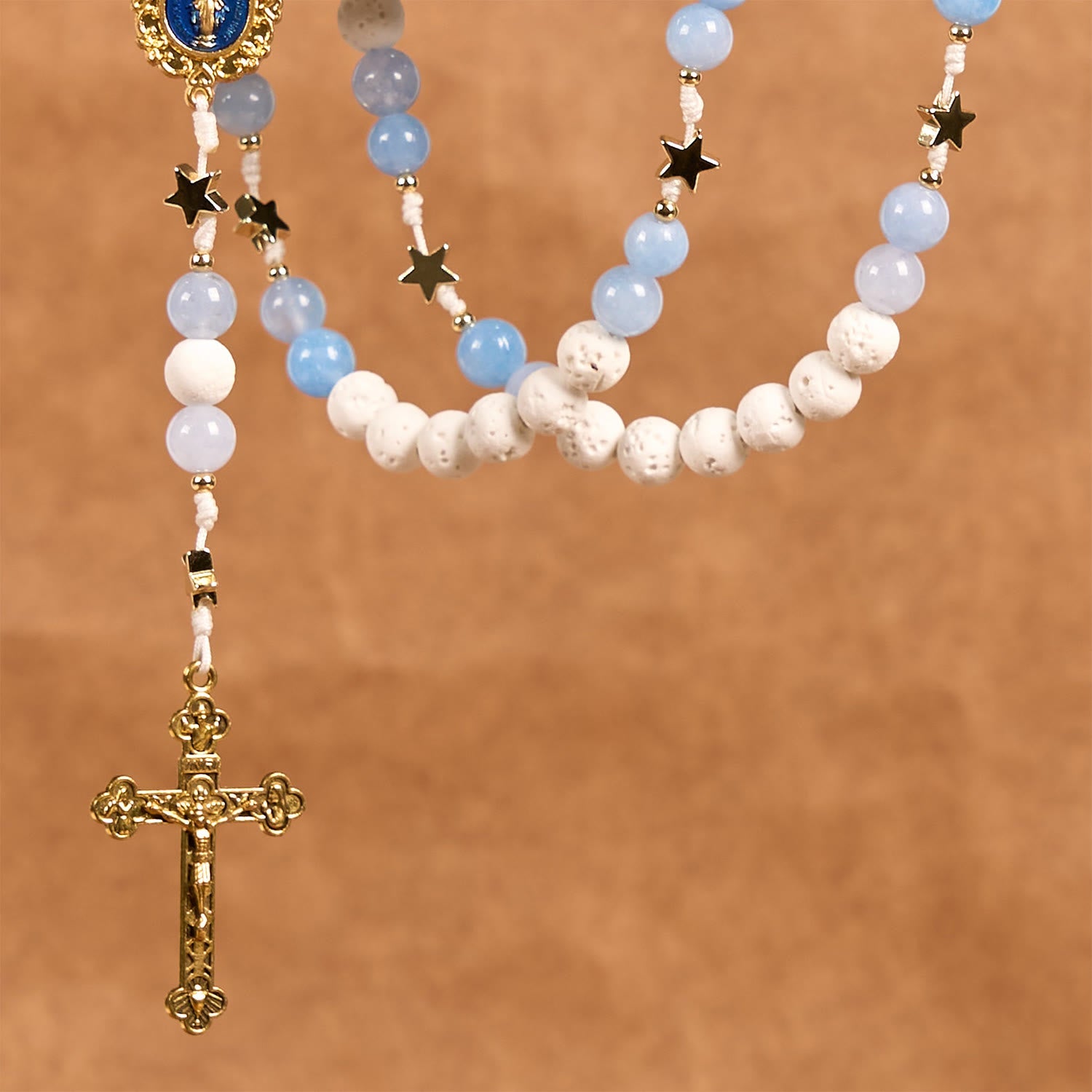 christiandiscipleshop Starry Divine Handmade Rosary: Blue Agate Beads and Celestial Golden Accents