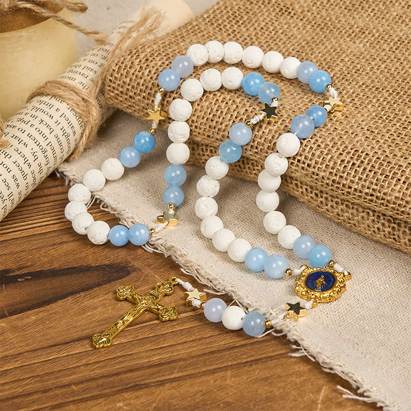 christiandiscipleshop Starry Divine Handmade Rosary: Blue Agate Beads and Celestial Golden Accents