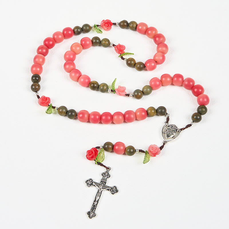 christiandiscipleshop Handmade Floral Rosary with Green Sandalwood & Peachy-Pink Bodhi Seed Beads – A Floral Tribute to the Sacred Heart