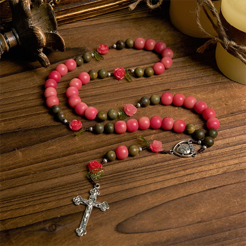christiandiscipleshop Handmade Floral Rosary with Green Sandalwood & Peachy-Pink Bodhi Seed Beads – A Floral Tribute to the Sacred Heart