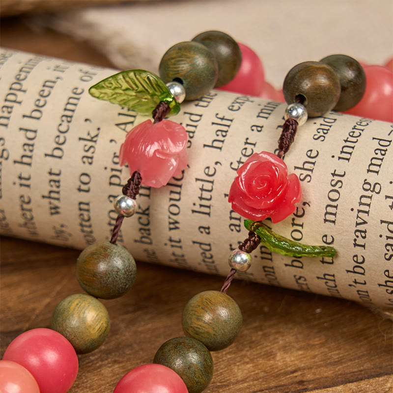 christiandiscipleshop Handmade Floral Rosary with Green Sandalwood & Peachy-Pink Bodhi Seed Beads – A Floral Tribute to the Sacred Heart