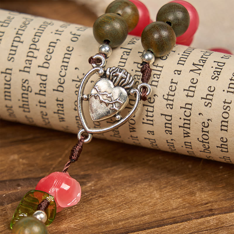 christiandiscipleshop Handmade Floral Rosary with Green Sandalwood & Peachy-Pink Bodhi Seed Beads – A Floral Tribute to the Sacred Heart