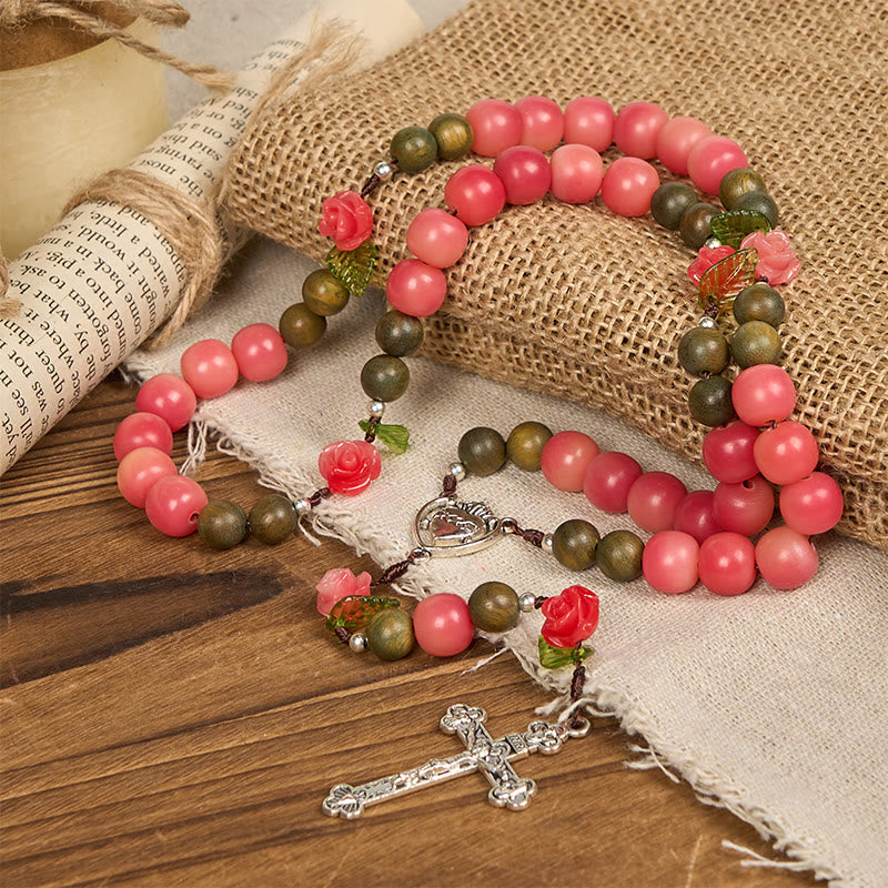 christiandiscipleshop Handmade Floral Rosary with Green Sandalwood & Peachy-Pink Bodhi Seed Beads – A Floral Tribute to the Sacred Heart