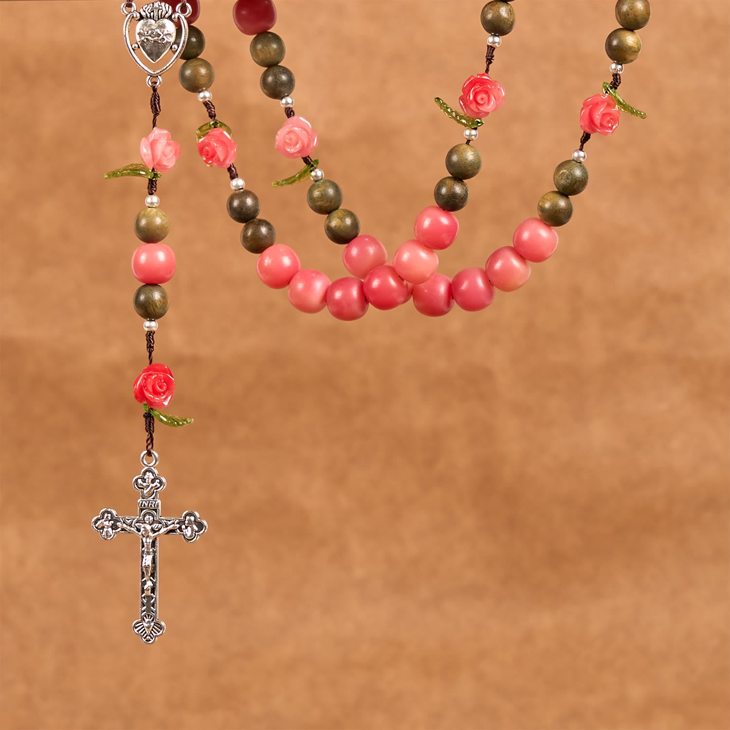 christiandiscipleshop Handmade Floral Rosary with Green Sandalwood & Peachy-Pink Bodhi Seed Beads – A Floral Tribute to the Sacred Heart