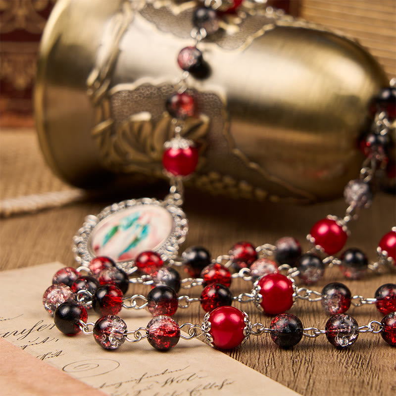 christiandiscipleshop Holy Gail & Miraculous Medal of 8mm Black-red Glass Round Beads Rosary
