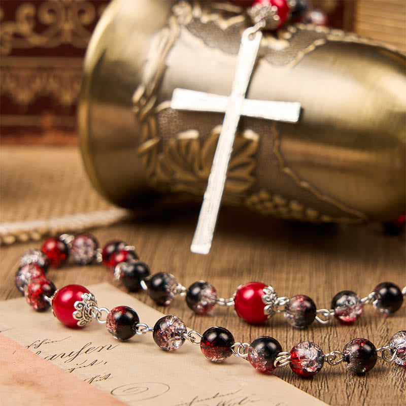 christiandiscipleshop Holy Gail & Miraculous Medal of 8mm Black-red Glass Round Beads Rosary