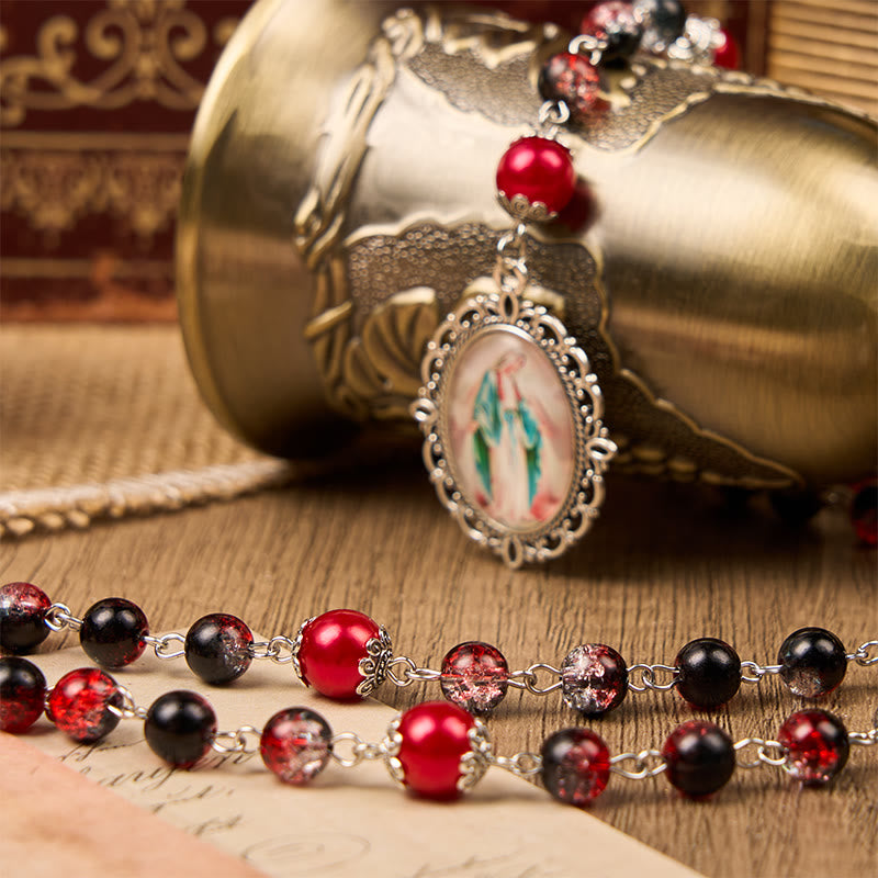 christiandiscipleshop Holy Gail & Miraculous Medal of 8mm Black-red Glass Round Beads Rosary