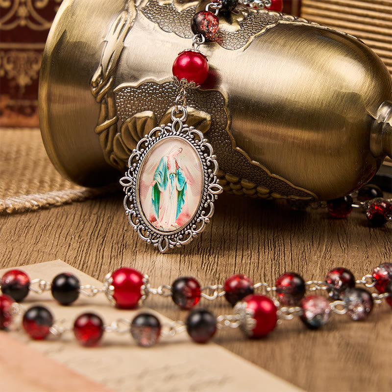 christiandiscipleshop Holy Gail & Miraculous Medal of 8mm Black-red Glass Round Beads Rosary