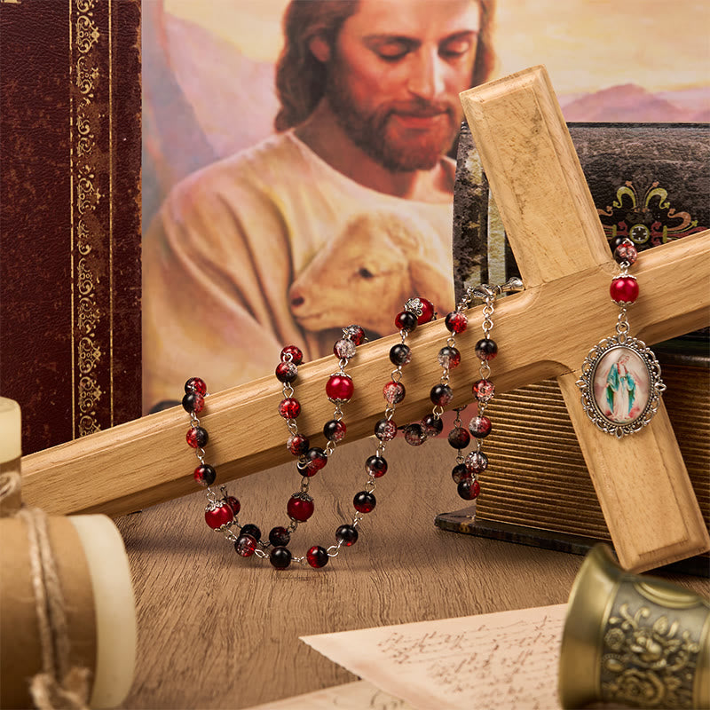 christiandiscipleshop Holy Gail & Miraculous Medal of 8mm Black-red Glass Round Beads Rosary