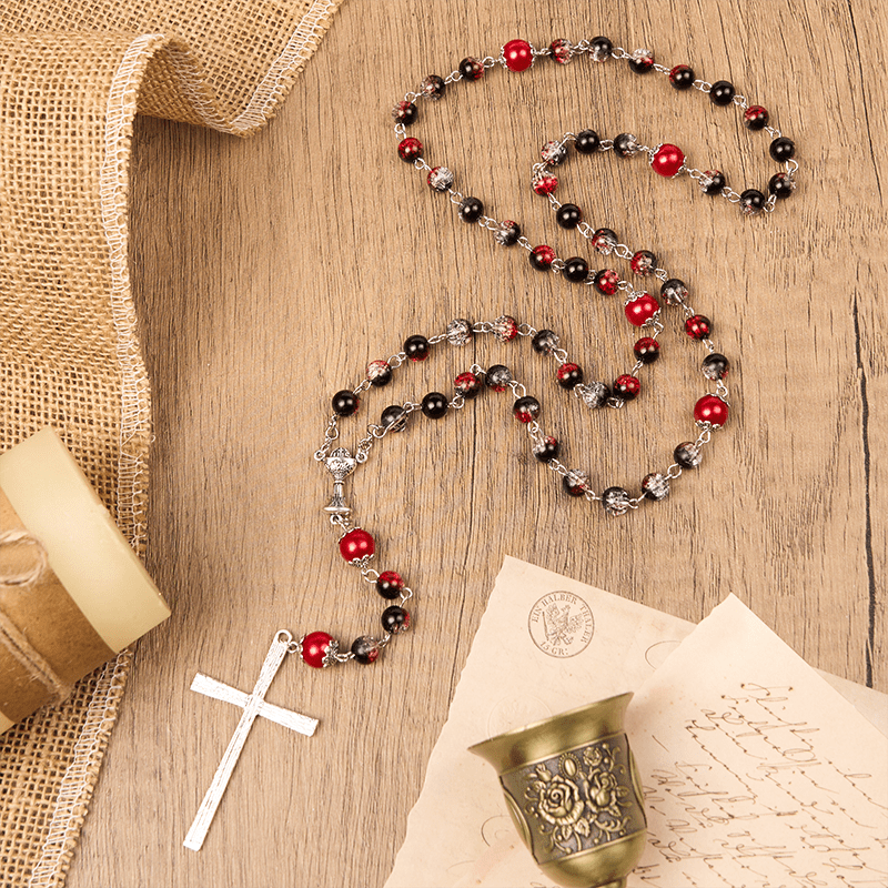 christiandiscipleshop Holy Gail & Miraculous Medal of 8mm Black-red Glass Round Beads Rosary
