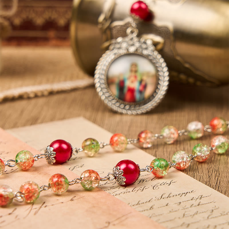 christiandiscipleshop Jesus Heart & Marry Medal of 8mm Orange-green Glass Round Beads Rosary