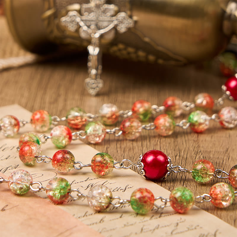 christiandiscipleshop Jesus Heart & Marry Medal of 8mm Orange-green Glass Round Beads Rosary
