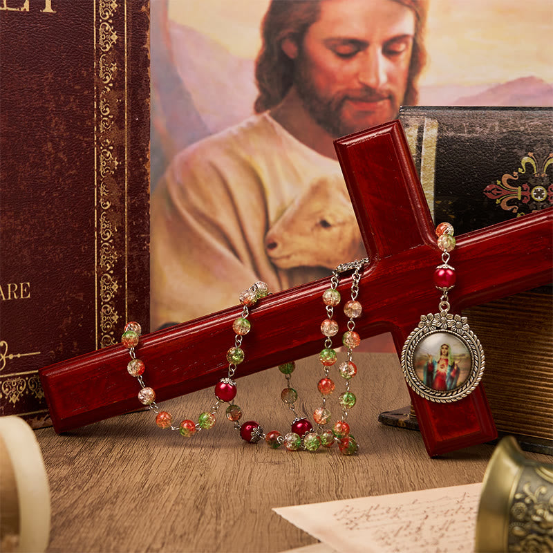 christiandiscipleshop Jesus Heart & Marry Medal of 8mm Orange-green Glass Round Beads Rosary