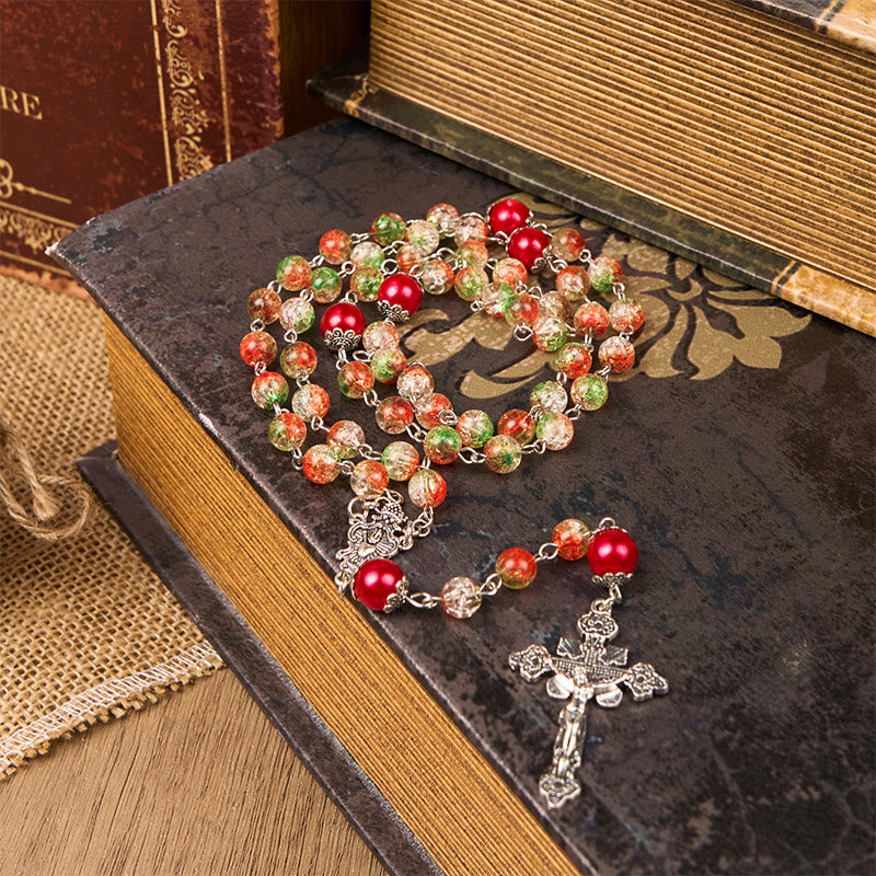 christiandiscipleshop Jesus Heart & Marry Medal of 8mm Orange-green Glass Round Beads Rosary