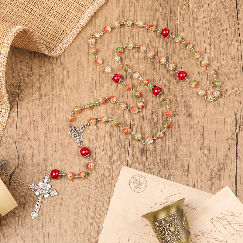 christiandiscipleshop Jesus Heart & Marry Medal of 8mm Orange-green Glass Round Beads Rosary