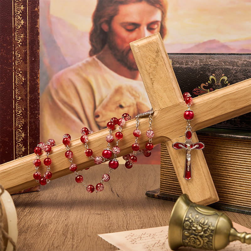 christiandiscipleshop Virgin Marry & Crucifix of 8mm Red Glass Round Beads Rosary