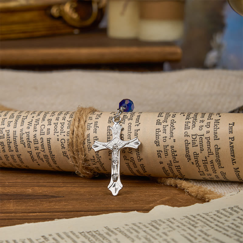 christiandiscipleshop Miraculous Medal & Crucifix of 8mm Blue Sparkle Glass Round Beads Rosary
