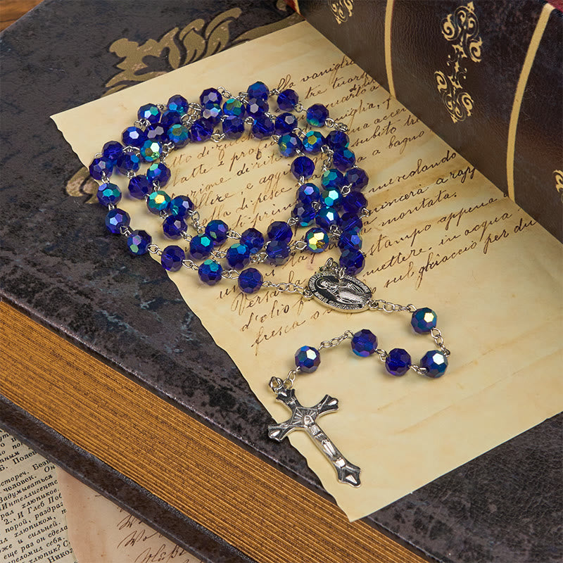 christiandiscipleshop Miraculous Medal & Crucifix of 8mm Blue Sparkle Glass Round Beads Rosary
