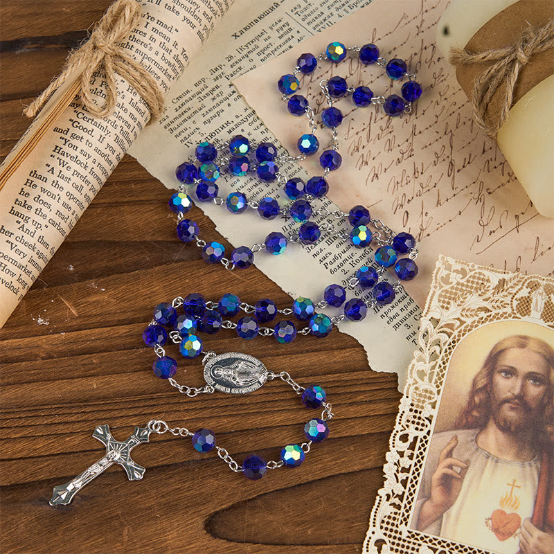 christiandiscipleshop Miraculous Medal & Crucifix of 8mm Blue Sparkle Glass Round Beads Rosary