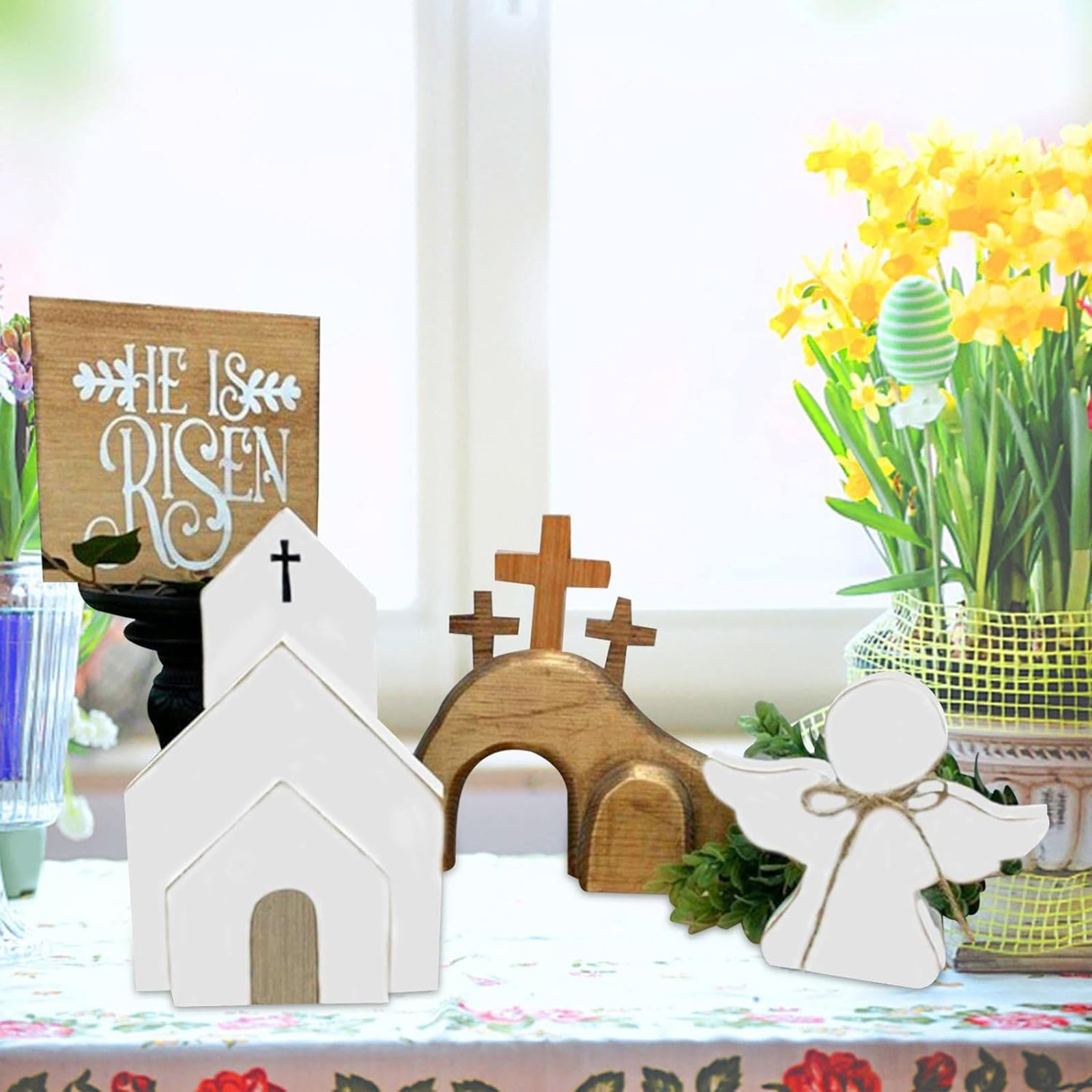 Christianartworkshop 4pcs/set Jesus Tomb-Easter Cross Wooden Easter Dekstop Decor Ornament