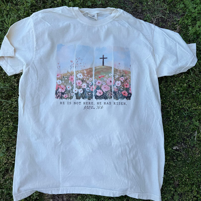 Christianartworkshop "He Has Risen" Faith-Inspired Floral Cross T-Shirt