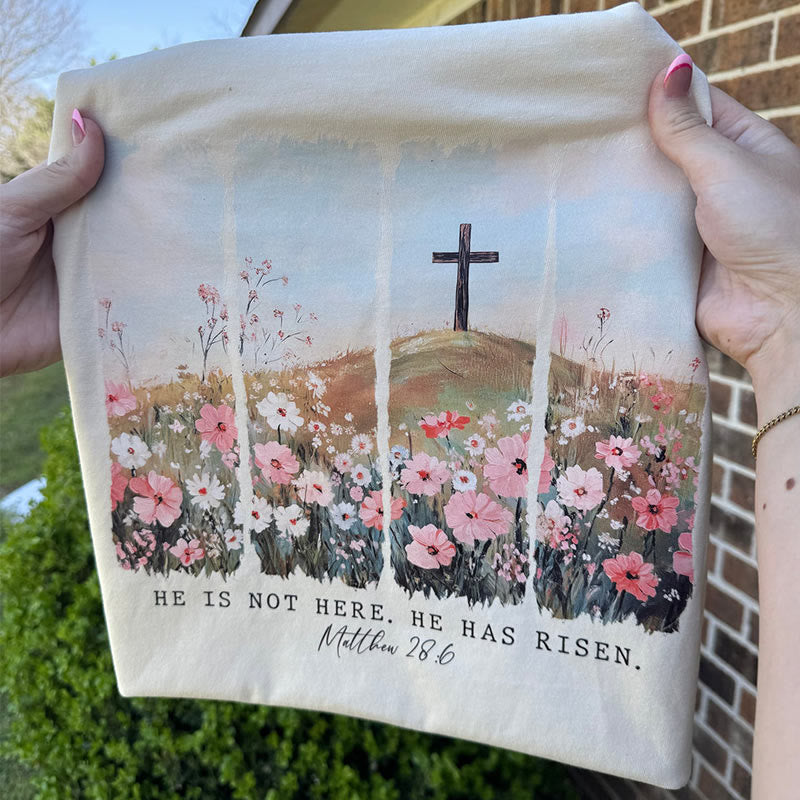 Christianartworkshop "He Has Risen" Faith-Inspired Floral Cross T-Shirt