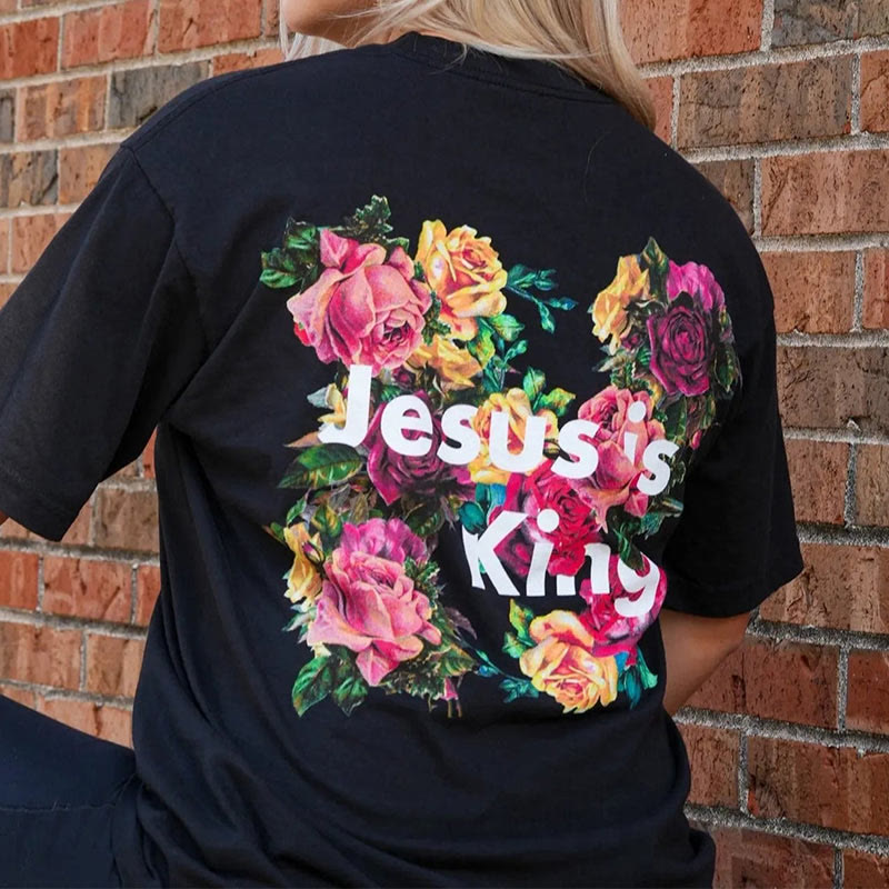 Christiandiscipleshop Floral Embellished Jesus is King Christian T-Shirt