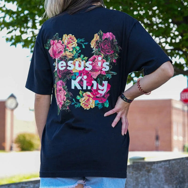 Christiandiscipleshop Floral Embellished Jesus is King Christian T-Shirt